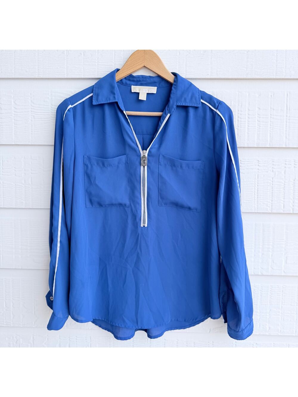 Michael Kors Blue Zip Neck Blouse Roll Tab Sleeves Size Medium Coastal